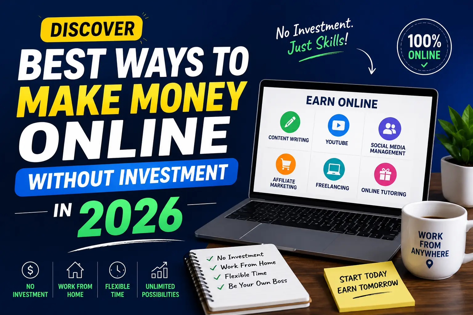 create a image for discover "Best Ways to Make Money Online Without Investment in 2026 "